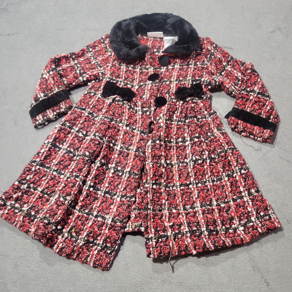Blueberi Boulevard Dress Coat Girls 4T Red Plaid Tweed Faux Fur Velvet Holiday